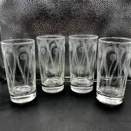 4 Libbey Glasses White Swirls & Frosted Dots 5-1/2" MCM Highballs Art Deco