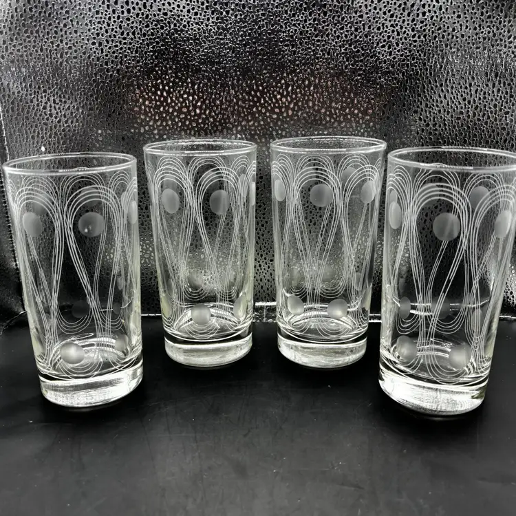 4 Libbey Glasses White Swirls & Frosted Dots 5-1/2" MCM Highballs Art Deco