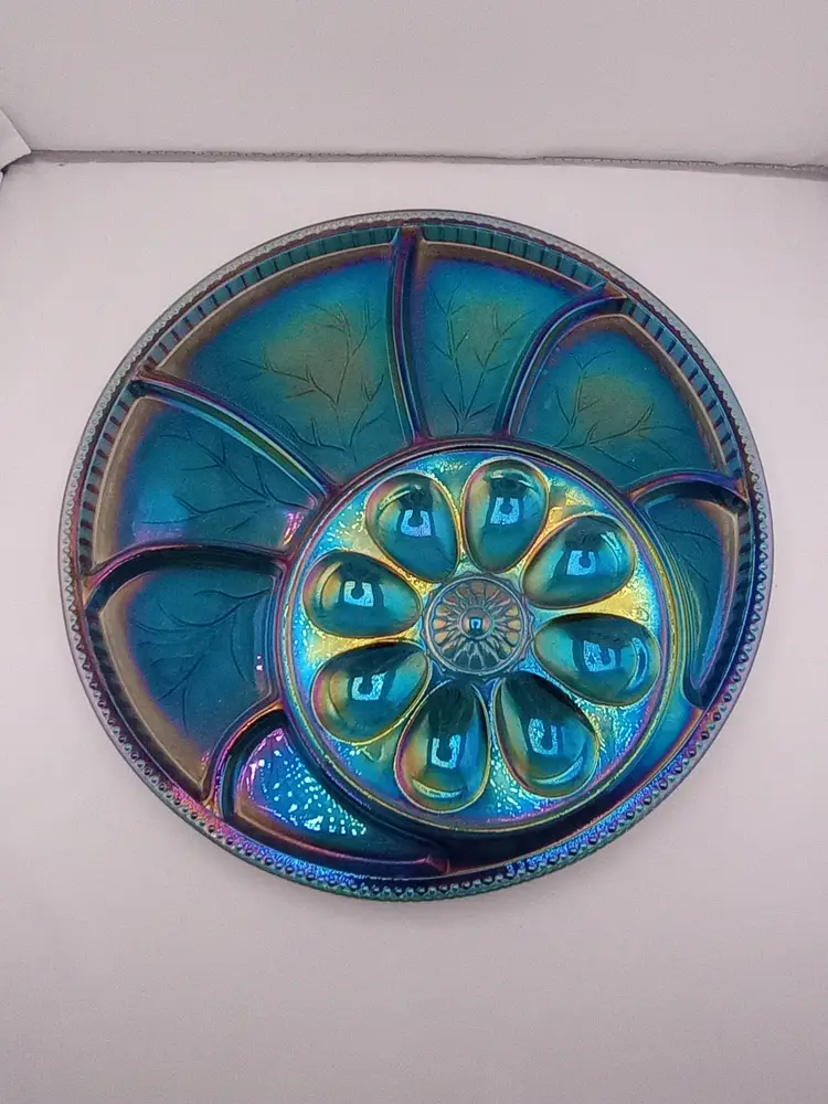 Blue carnival Indiana Glass deviled egg and relish plate