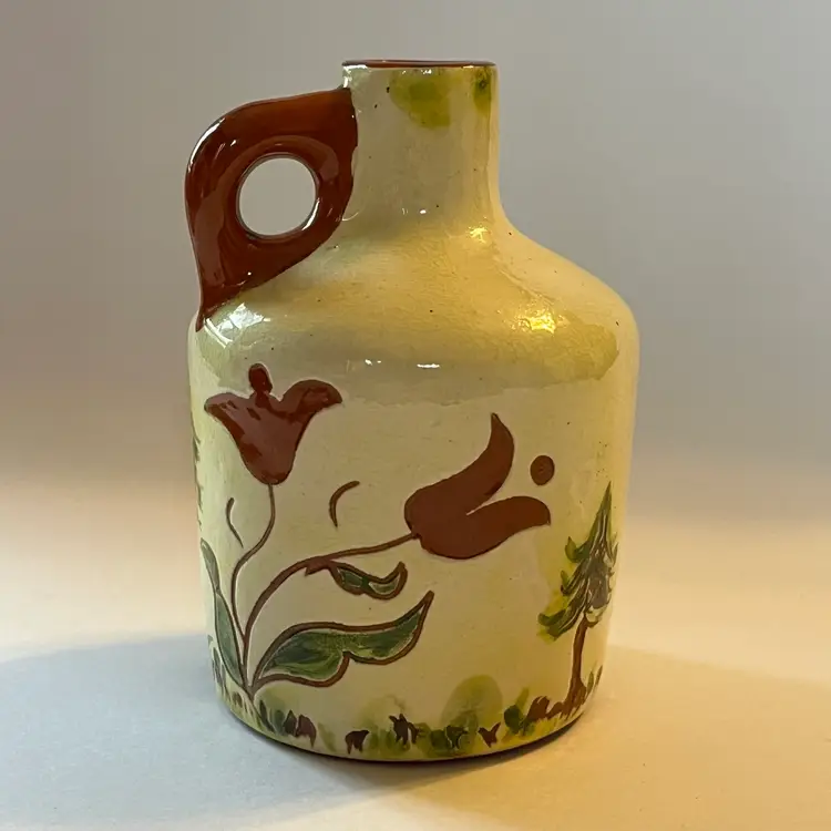 Vtg Pennsylvania Redware Mini Moonshine Jug Pale Yellow Slip Green Accents Folk Art Signed