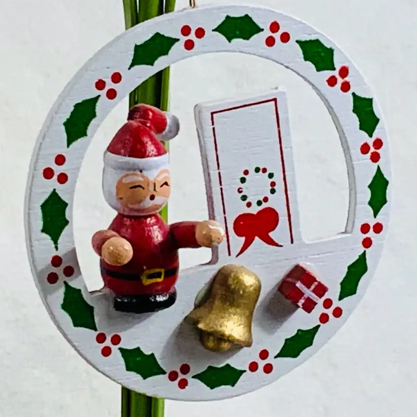 Handmade Wooden Santa On A Christmas Wreath Christmas Ornament Approximately 3” Tall And 3” Long 
