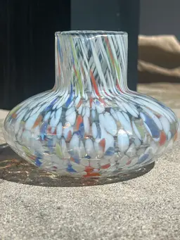 Confetti Squat, Art Glass Vase White Blue Orange
