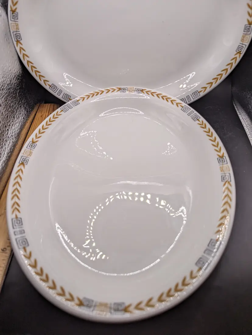 Vintage Set of 2 Shenango Esquire China Platters, Gold Key Greek Laurel, 11 x 8.75" x 1.5"