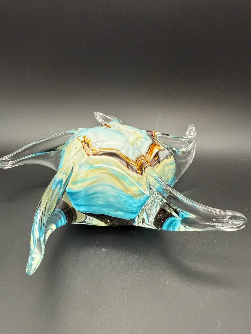 Mouth-Blown Starfish Paperweight Abstract Blue Brown Swirl