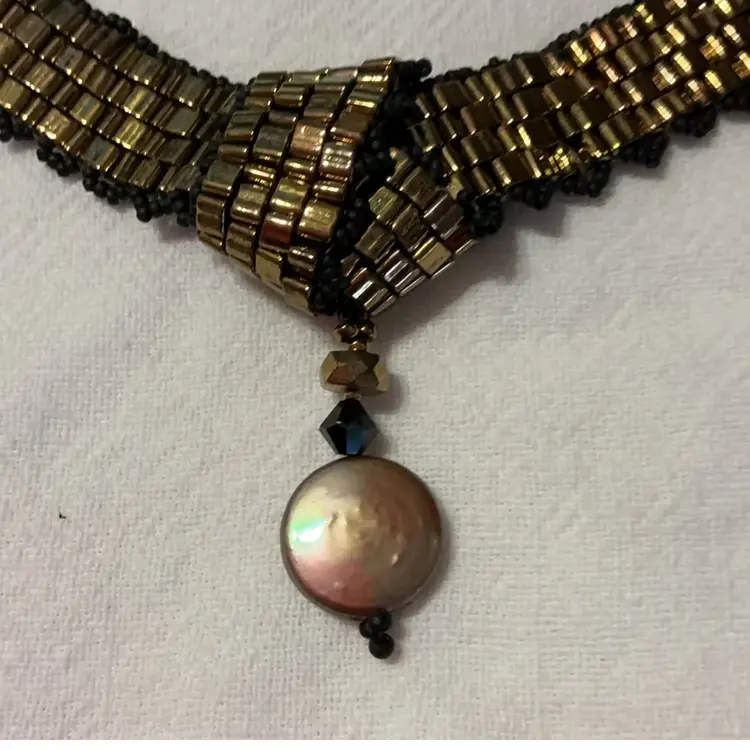 Woven Bead Collar Choker Necklace with Pearl Pendant and Gold-Filled Box Clasp Artisan Made 16”