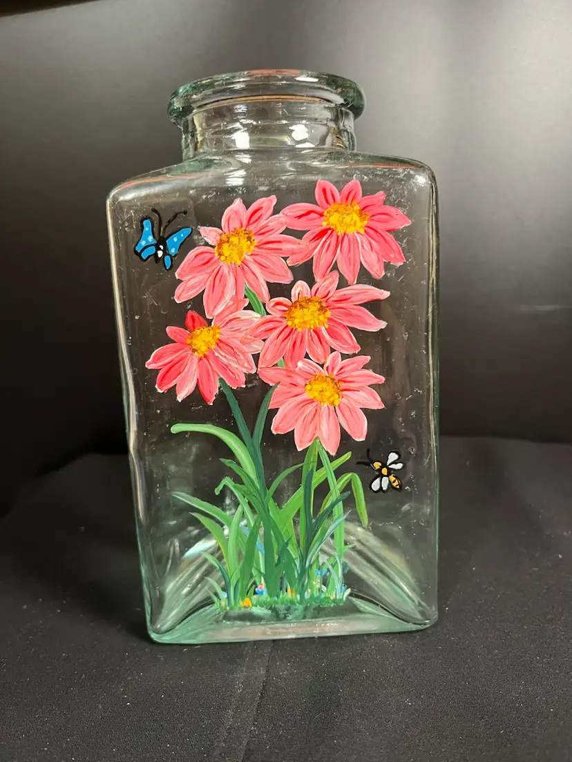 Triangular Shaped Vase w/ Round Opening Clear Glass w/ Hint of Green-UV Glows a fabulous Green-Hand Painted Floral w/ Butterflies-Lot 39