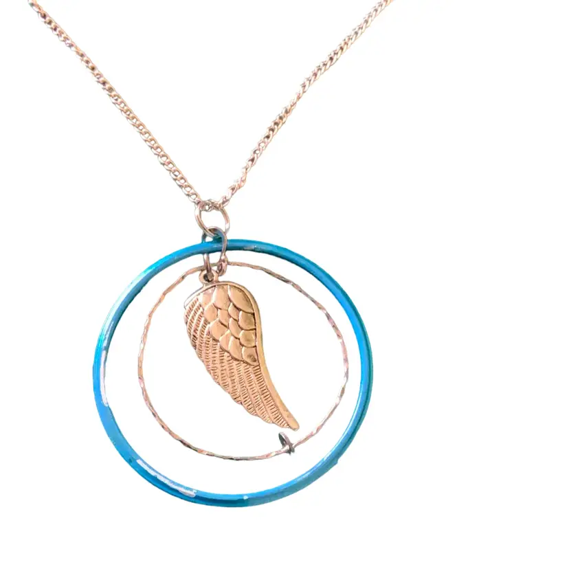 Handcrafted Costume Jewelry Necklace Pastel Blue And Clear Rhinestone And Metal  2.5” Wing In Rings Pendant On 19” Chain