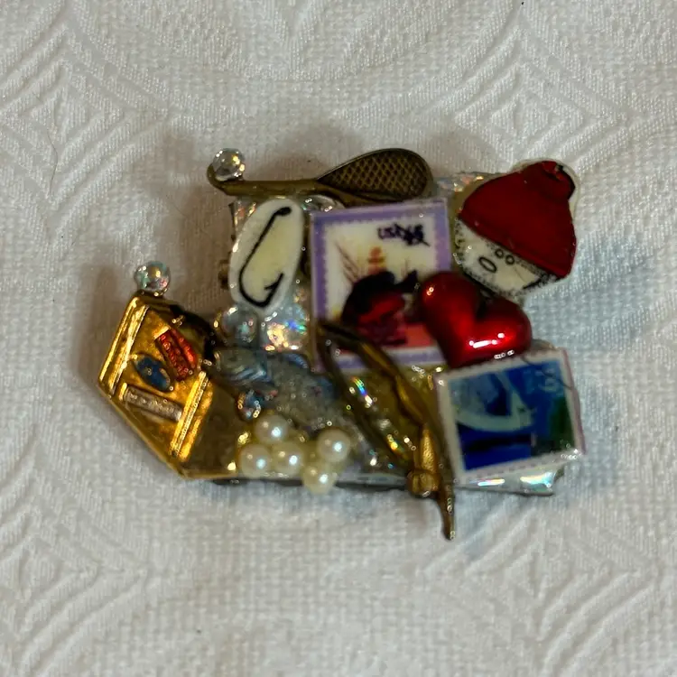 Vintage Gold Tone Handmade Fishing Themed Brooch Mixed Media