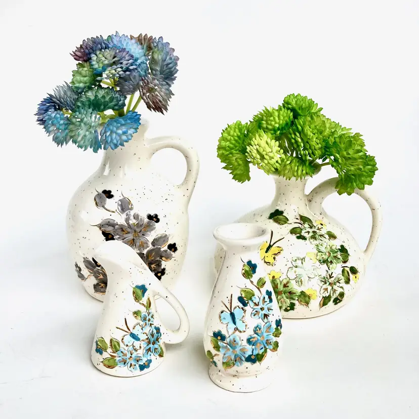 Vintage Speckled Carved Pottery Vase Jug Lot Incised Delicate Butterflies & Flowers