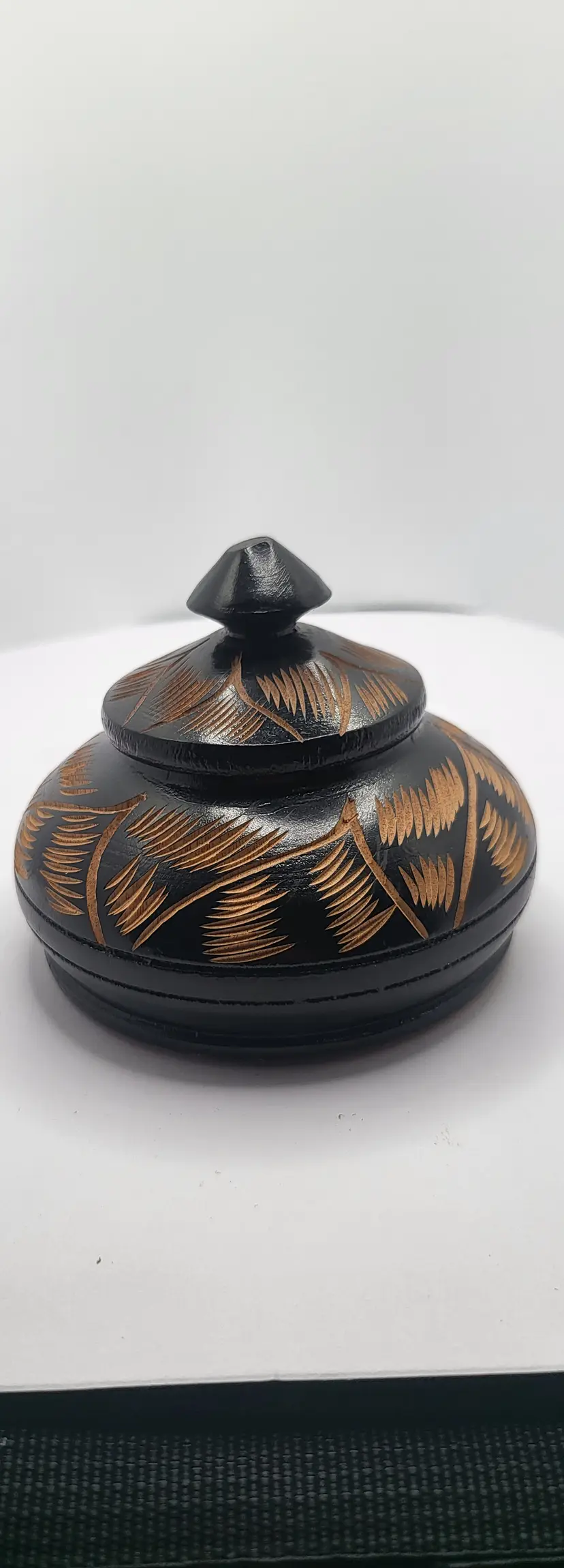 Vintage Carved Wooden Trinket Box Turned Jamaican Signed 4"