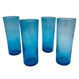 Set of 4 - Hand-Blown Deep French Blue Glass Tumblers, Swirl Optic Pattern