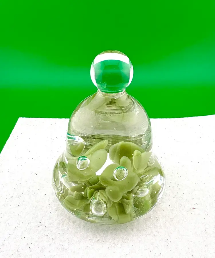 Vintage Bell Shaped Paperweight By Maude & Bob St Clair Light Green Flowers 3” x 2.5”
