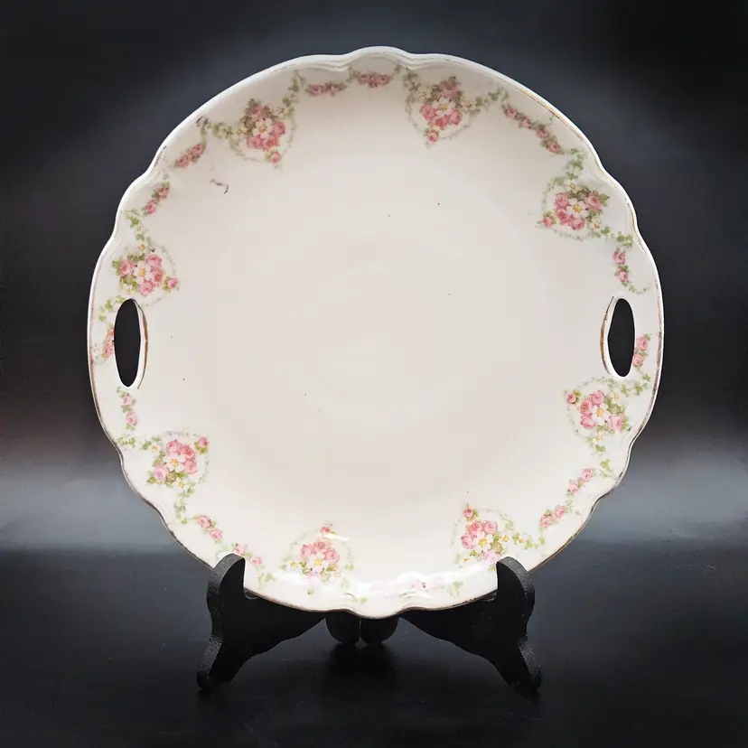 Porcelain Pink Rose Floral Round Handled Serving Platter Cake Plate Germany Vintage