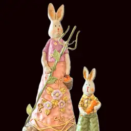 Mama Rabbit and Son Resin Farmer Gardener Bunny Figurines Spring Easter Decor
