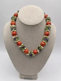 20” CORAL, PERIDOT, AMETHYST & PEARL NECKLACE W/STERLING SILVER Clasp
