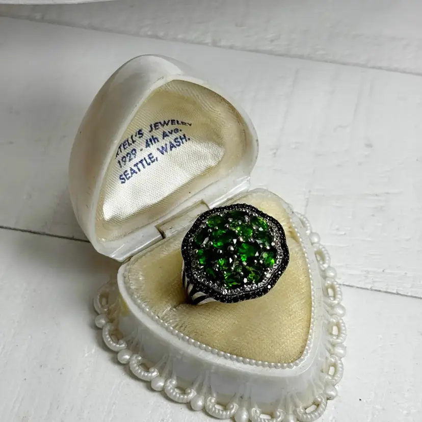 Sterling Chrome Diopside, White Topaz & Black Tourmaline Ring size 6  8.8gtw