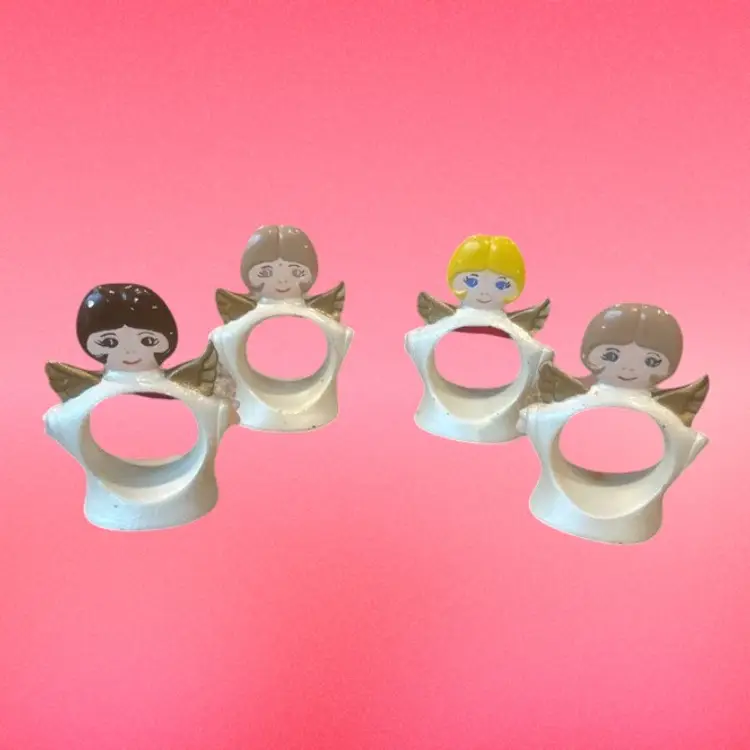 Ceramic Angel Napkin Ring Holders Set of 4 Blonde Blue Eyes Wings Signed Glazed