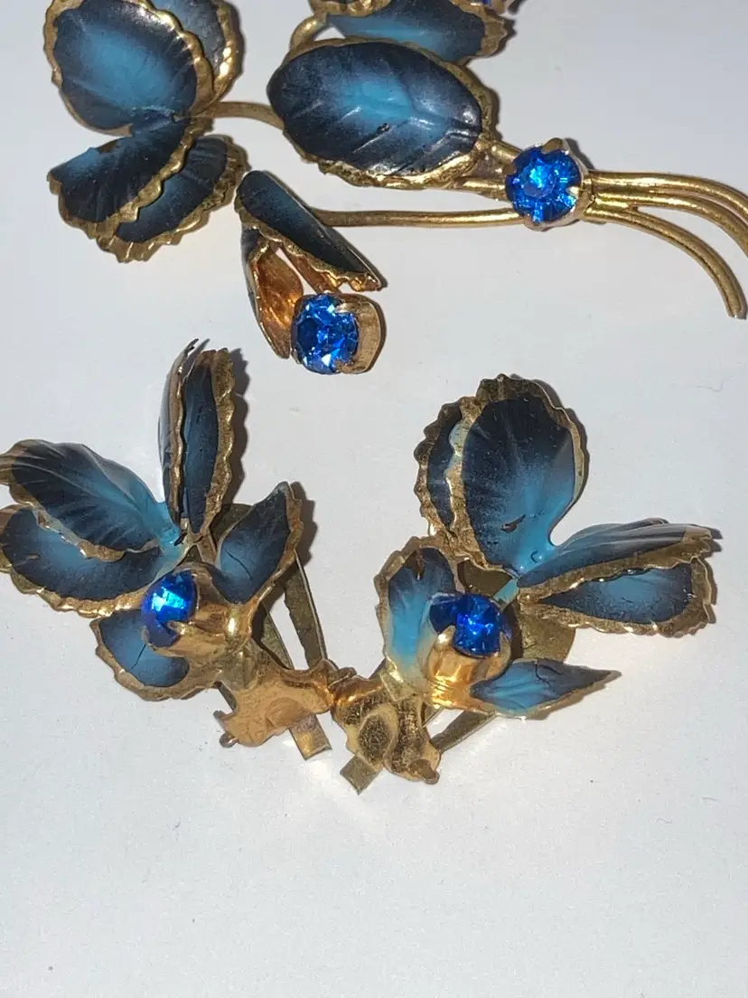 Vintage Austria Blue Enamel And Rhinestone Floral Brooch (2”) And Matching Clip On Earrings (1”)! Stamped! Minimal Wear To Enamel!