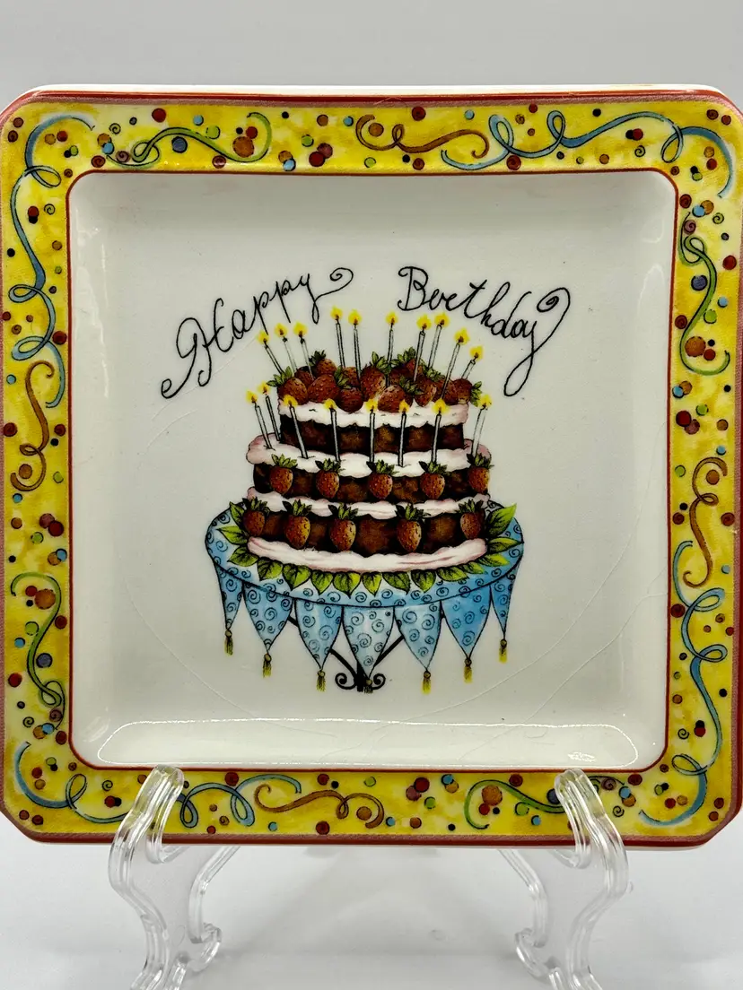 Vintage Italian Hand Painted Happy Birthday Square Ceramic Plate, Festive Cake Design With Floral Border, Unbranded, Made In Italy