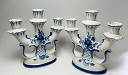 #01 Set of 2 Vintage Gzhel Russian Triple Candle Porcelain Candelabras Blue White Floral
