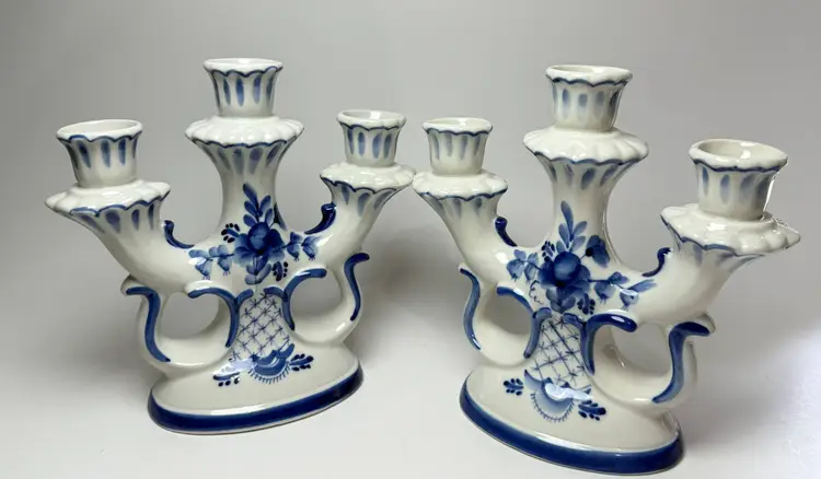 #01 Set of 2 Vintage Gzhel Russian Triple Candle Porcelain Candelabras Blue White Floral