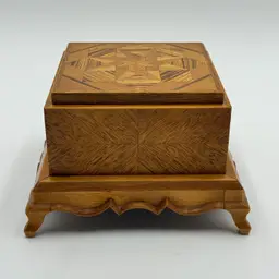 Vintage Wooden Inlay Felt Lined Footed Square Casket Trinket Jewelry Vanity Box