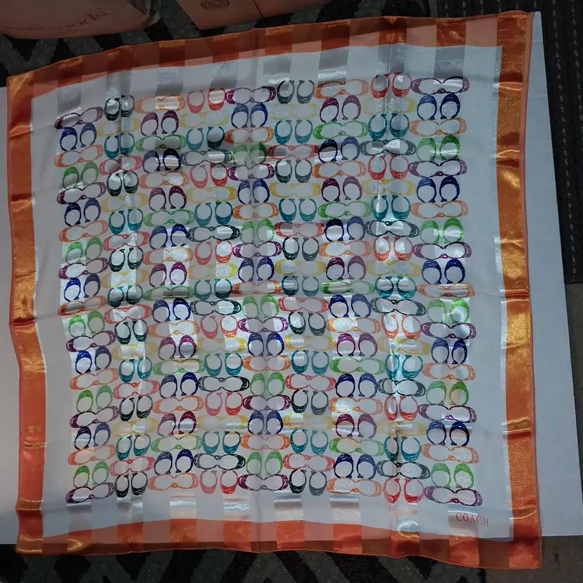 Vintage 37" Sq. Multicolor COACH Logo Shadow Stripe Silk Scarf, ORANGE TRIM