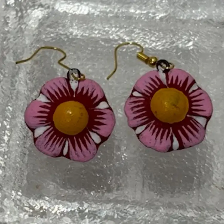 Talavera Mexican Pottery Flower Pink and Yellow Earrings