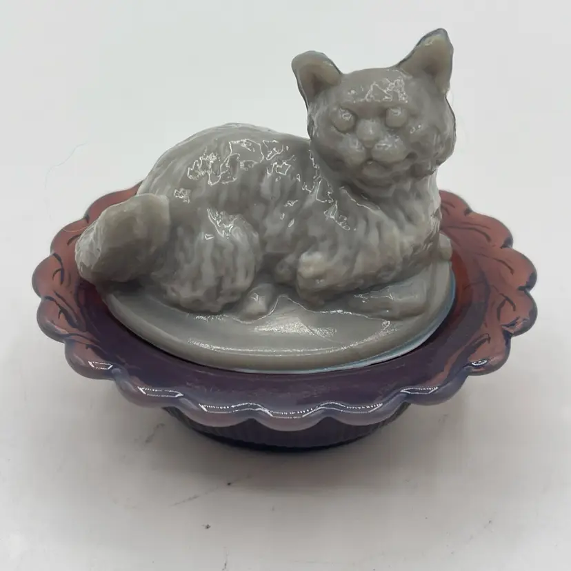 Mosser Kitten Cat on Nest Basket Marriage Gray and Eggplant Mini Salt Cellar