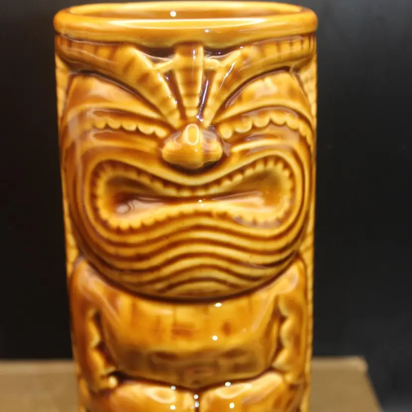Germaine's Tiki Bar Beverage Tumbler Drinking Glass Authentic Hawaiian 2010 Brown Glaze 6"