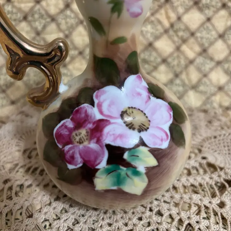 Vtg Enesco Japan Hand painted Small Floral Pitcher Gold Trim 1980’s