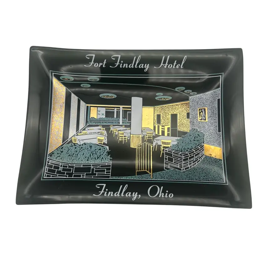 Fort Findlay Hotel Commemorative Smoked Glass Tray 6.5" x 5" Findlay Ohio