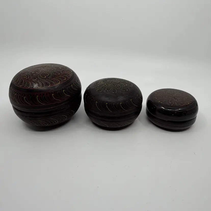 Vintage Burmese Lacquerware Round Nesting Boxes (3) Trinket Jewelry