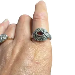 Vintage Sterling Silver Garnet & Marcasite Art Deco Revival Ring Size 8 As Is Missing 1 Marcasite