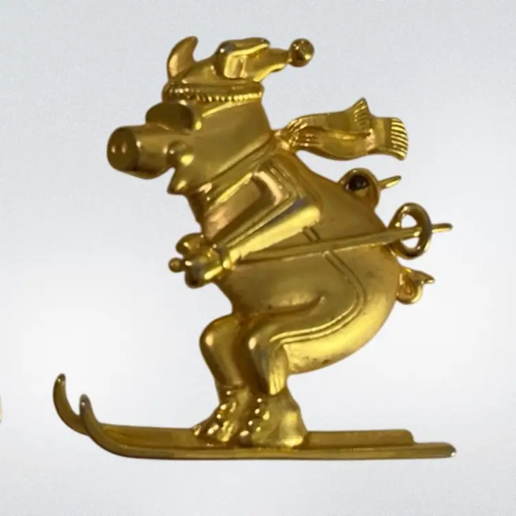 2 Vintage JJ Jonette Jewelry Skiing Pig And When Pigs Fly Brooch Pin Gold Tone