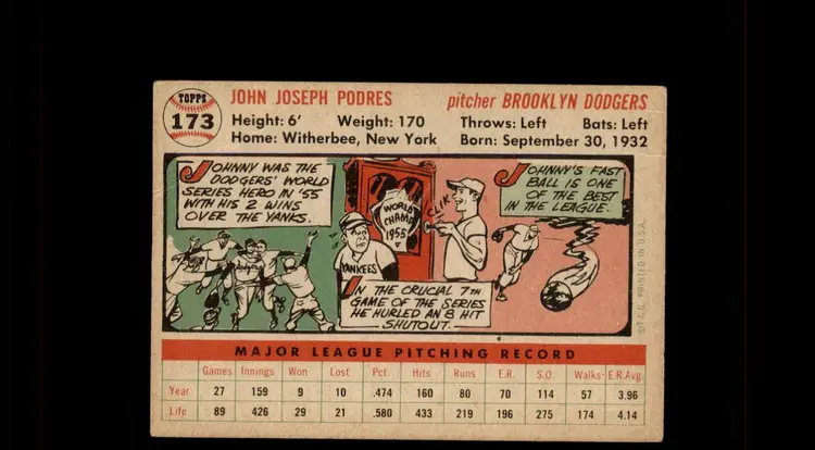 1956 Topps #173a Johnny Podres - (pk-tl2) - Brooklyn Dodgers