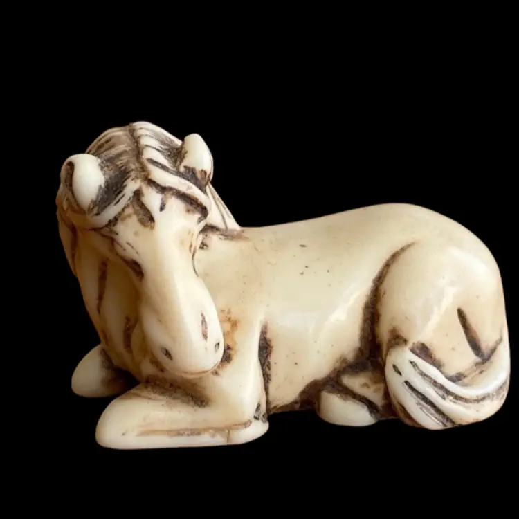 Vintage Horse Figure, Asian Hand Carved Resin Horse With Fine Details. Miniature Pony Figurine Okimono Hand Embellished Happy Little Horse!