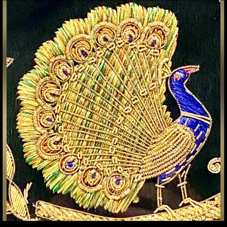 ✅ Stunning Rare Peacock Gold Floral Zardozi Zari Framed Wall Art Work Picture