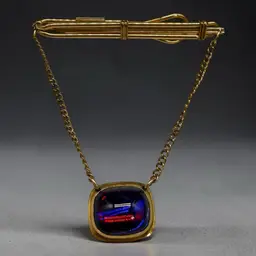 Mid Century Modern Blue Red Cabochon Pendant Chain Slide Tie Bar Clip Gold Tone
