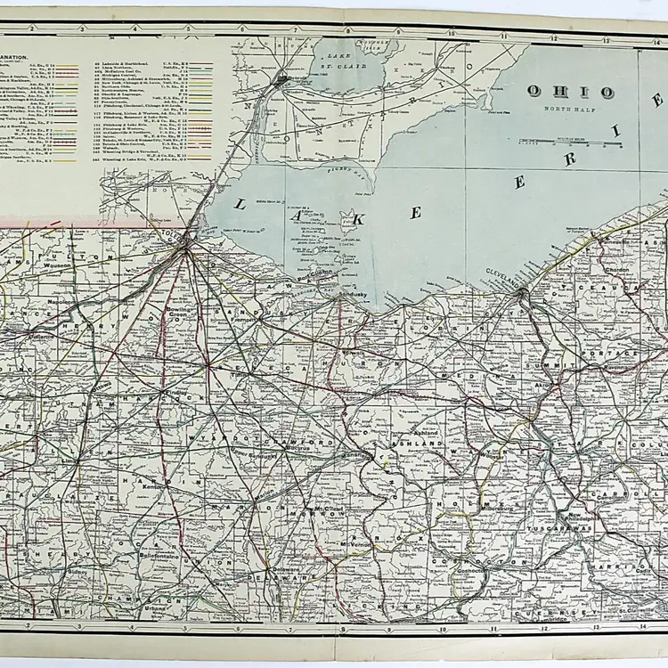 Railroad Map of Ohio circa 1900 Large 22 1/2 x 17 1/2 Full Color Lithograph #3