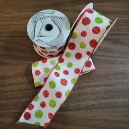 Christmas Ribbon Green & Red Polka Dot Glitter Wired Ribbon 2.5” x 16 Yrds Total