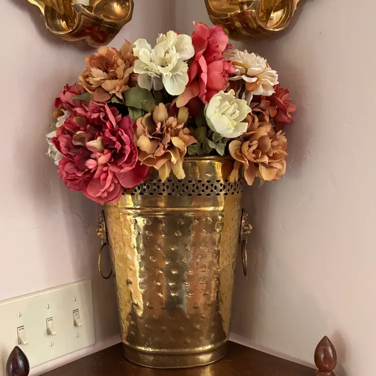 Vintage Lion Head Handled Hammered Pierced Brass Umbrella Holder Vase