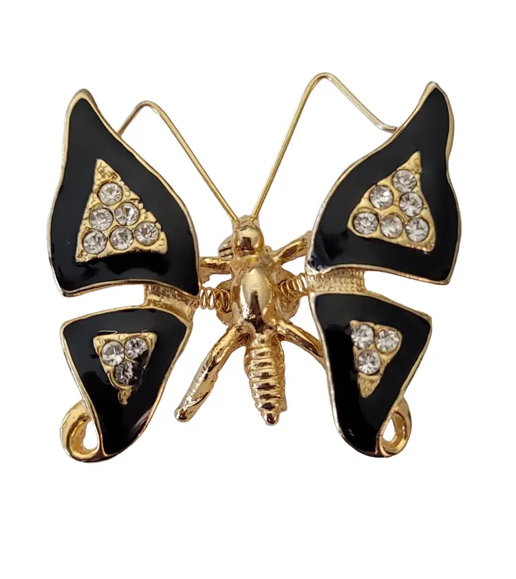 Gold Tone Clear Rhinestone Black Enamel Butterfly Trembler Brooch E652