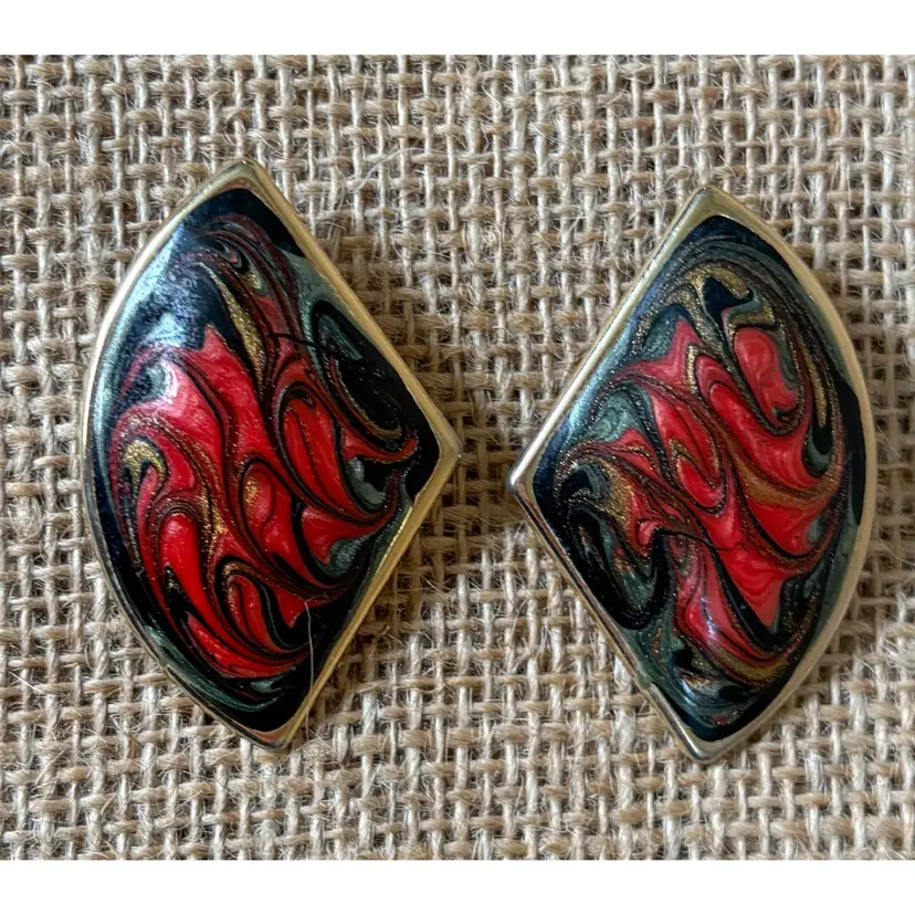 Vintage Abstract Color Swirl Enamel Fan Shaped Earrings Red Colorful Goth Boho