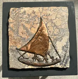 Vintage Original Johannes Wilhelmus Van Dartelen Copper Art on  Stone~ Stone Measures 7.75x7.5 - Mounted On Black Fiberboard- Mount 9.75x9.5” -Brazil