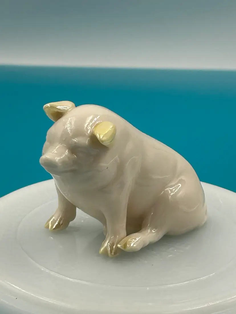 Vintage Belleek Ireland, Porcelain Pig Figurine, Green Stamp