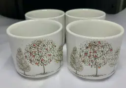 (4) Vintage Otagiri Speckled Stoneware Tea Cups Handcrafted Fruit Tree Design