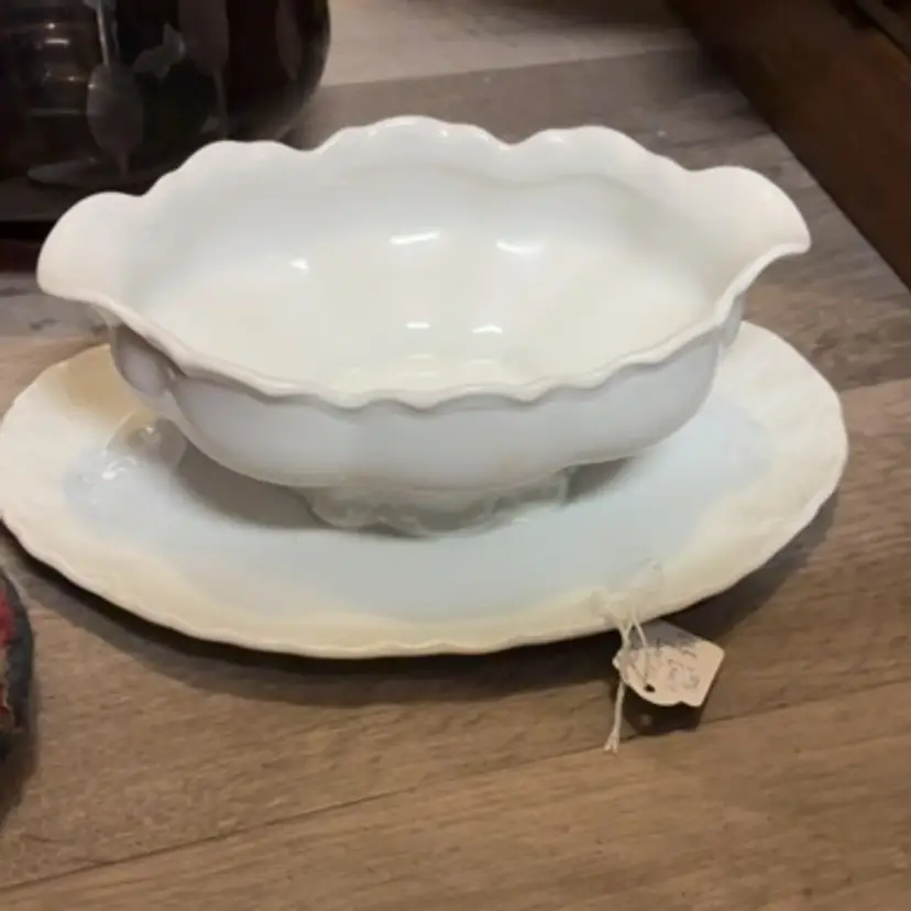 Vintage JR Germany White Porcelain Ironstone Gravy Boat With Underplate