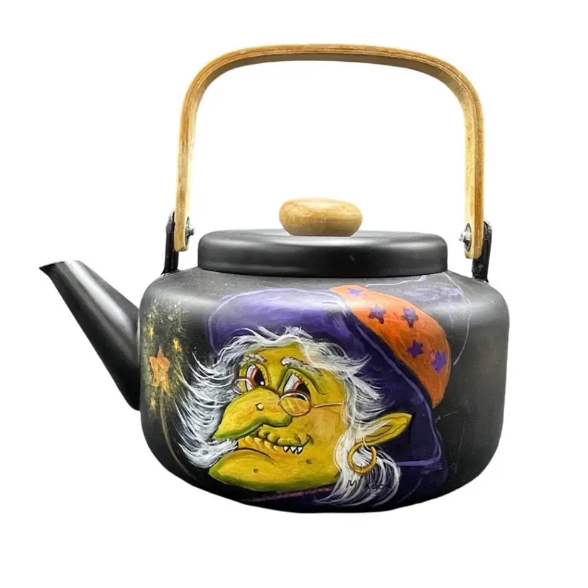 Hand Painted Witch Black Matte Enamel Metal Teapot Kettle Halloween Decor