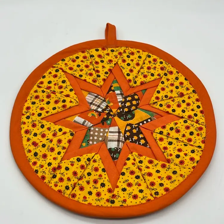 Quilted Pot Holder Set of 2 Orange Handmade Vintage | 8.5”